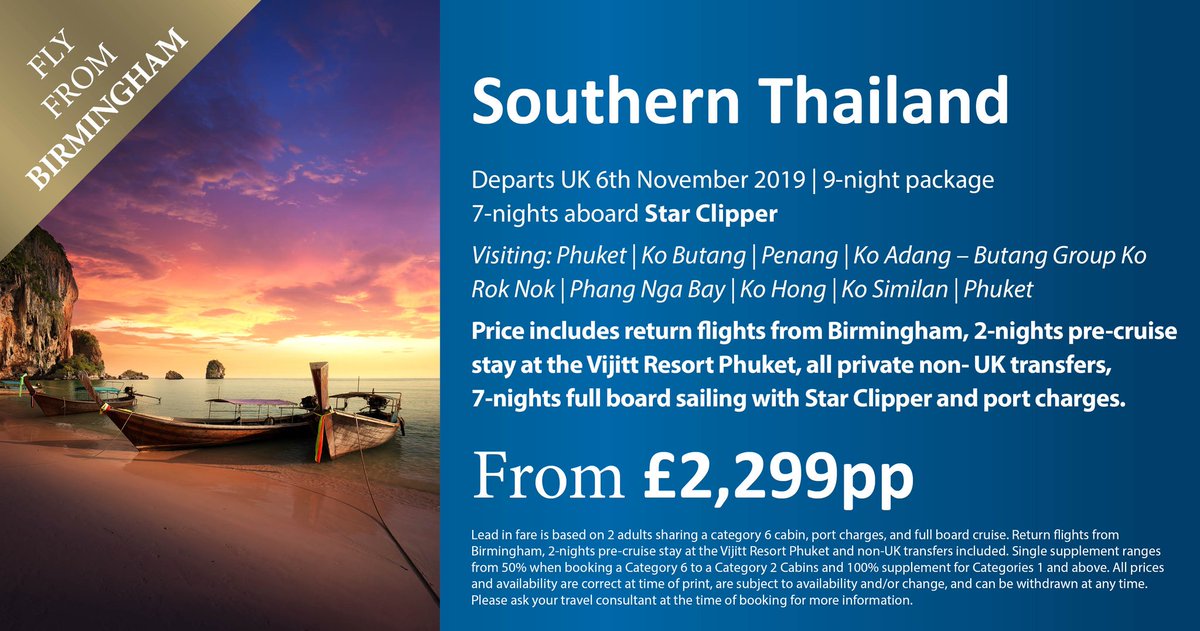 What better way to island hop around Southern Thailand than doing it on Star Clipper? Flying from <a href="/bhx_official/">Birmingham Airport</a> enjoy this 9 night holiday from just £2,299pp #Starclippersuk #tallshipsailing #thailand #Cruise