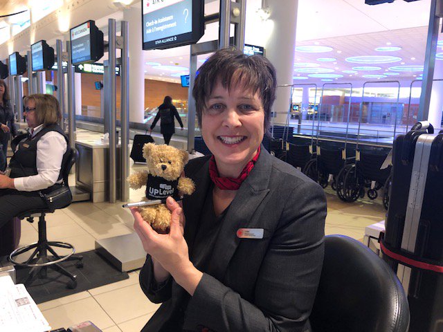 UPLevelCU's tweet image. Looks like one of our teddy bears has found a loving home! Always happy to share a smile. Huge thanks to this lovely @AirCanada representative for taking great care of our fearless leaders on their way home from the #CCUA conference.