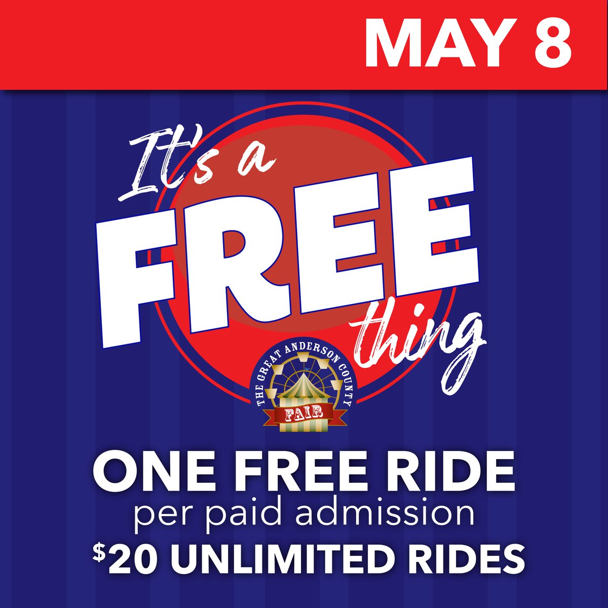 AndersonFair's tweet image. Free Ride Wednesday gets you ONE free ride per paid admission, but you can also get a great deal with the "Pay One Price Rides" – $20 Unlimited Rides. #itsafairthing #asec #free #fun