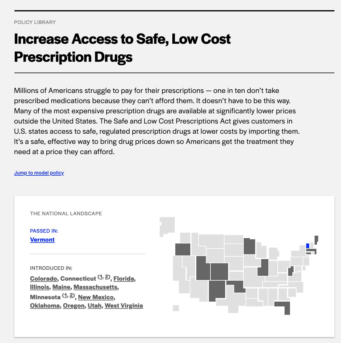 Increase Access to Safe, Low Cost Prescription Drugs, a model bill from Future Now.