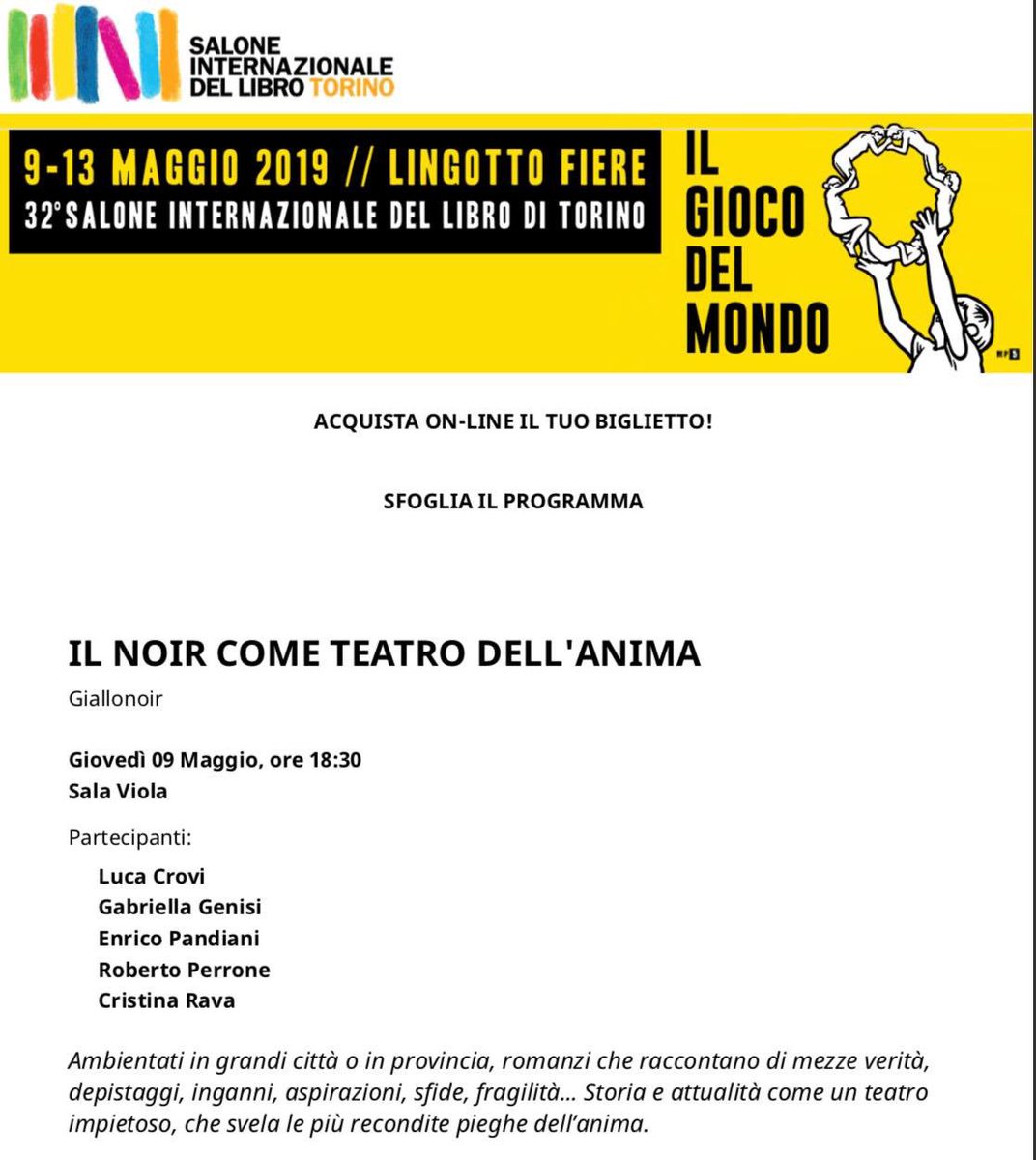 Domani 9 maggio al Salone del Libro di Torino ore 18.30 sala viola con i compagni di noir Luca Crovi, @gabriellagenisi Enrico Pandiani, @CristinaRava @SalonedelLibro @RizzoliLibri @ConsulenzEd @michelerossixxx @pivacorpifreddi @FabioVergnano1