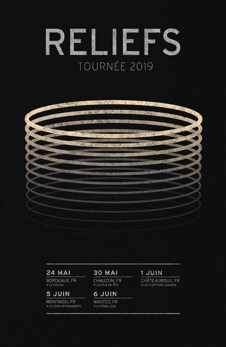 RELIEFSmtl's tweet photo. Allo la #FRANCE, on est de retour :

24.05 - Bordeaux - Le Volcan
30.05 - Chauzon - La Folie en Tête
01.06 - Châteauroux - Le Bruit qui tourne
05.06 - Montaigu - @Le_Zinor (avec @frgmnts_music )
06.06 - Nantes - @LeFerrailleur (avec @athomme_band 

On a hâte de vous voir✌️ https://t.co/JAzCu6Fb6G