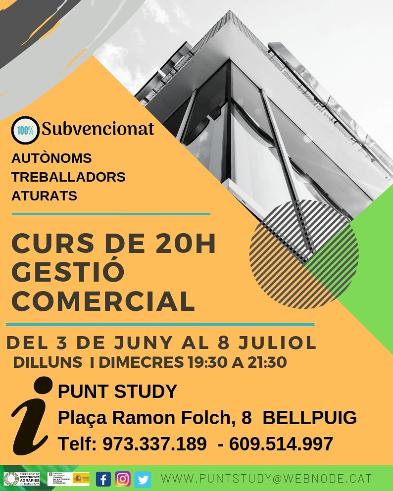 puntstudy's tweet photo. Nou Curs en marxa!
100% ..Subvencionat
*GESTIÓ COMERCIAL* 20h
#autonoms #treballadors #aturats
#formaciosubvencionada #centresdeformacio #puntstudy #bellpuig #gestiocomercial https://t.co/cUZMt2k78V