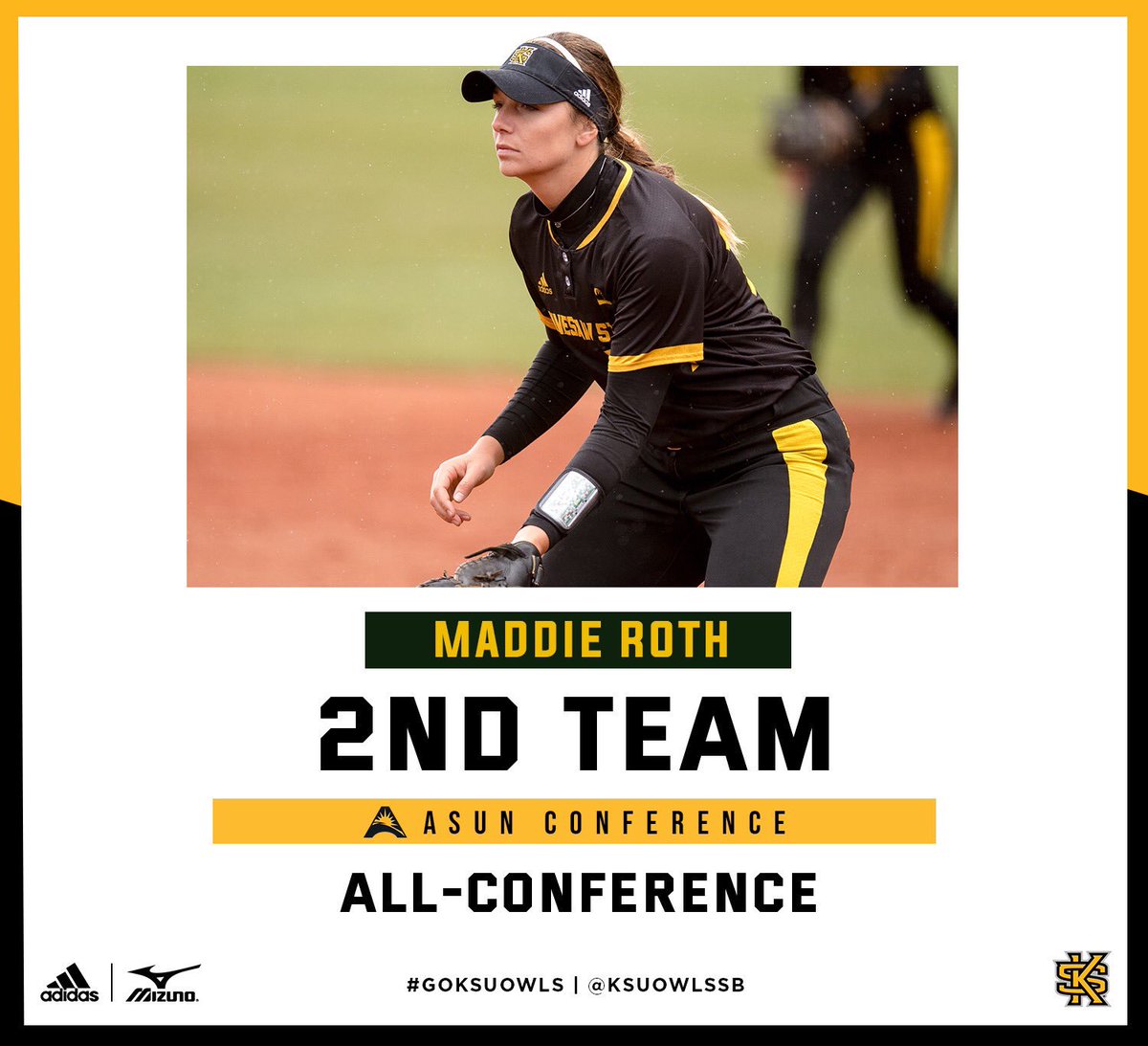 KSUOwlsSB's tweet photo. Ranked among the ASUN’s Top-10 in 6️⃣ categories, it’s no surprise Maddie Roth earns her second straight All-Conference 🏆🏆🏆.

#GoldStandard https://t.co/GgBDPZeo0t