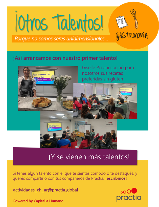PractiaGlobal's tweet photo. ¡Otros talentos!
Es un espacio donde los integrantes de @PractiaGlobal pueden compartir otros talentos que tengan.
Nuestro primer talento es #GisellePeroni, quien nos enseñó a cocinar sin gluten.
#PractiaGlobal #CapitalHumano https://t.co/tOrVmNZmnm