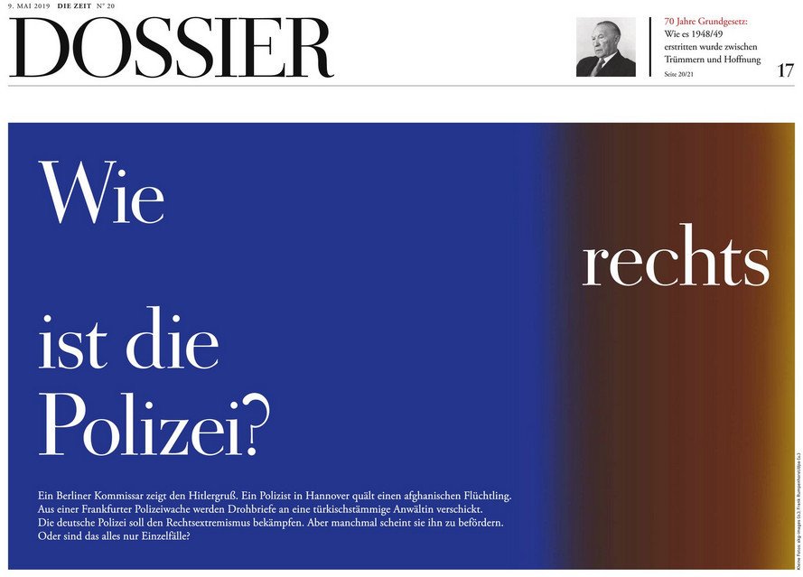 Wie rechts ist die deut­sche Po­li­zei? 

Ein Re­por­ter­team der ZEIT ist der Frage mehrere Monate lang im ganzen Land nachgegangen. Aufgeschrieben hat es der grandiose <a href="/danielmueller3/">Daniel Mueller</a> für das Dossier <a href="/DIEZEIT/">DIE ZEIT</a>:  zeit.de/2019/20/rechts… [Z+] ... (1/2)