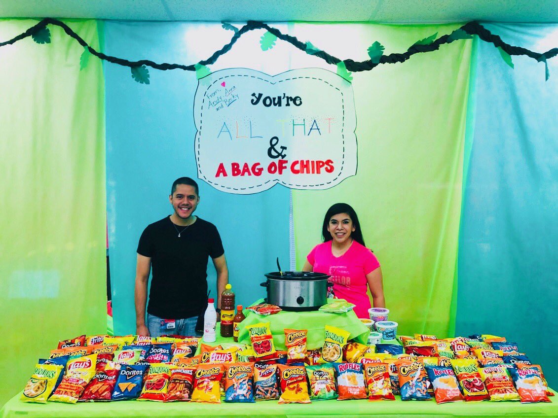 NjohnsonPierce's tweet photo. Our teachers are all that and a bag of chips! Mr. Garcia, Mrs. Diaz and Mrs. Jimenez (not pictured) treating our faculty and staff to a Chips Bar #APierceStrong #TeacherAppreciation2019 https://t.co/UP4ye7yWek