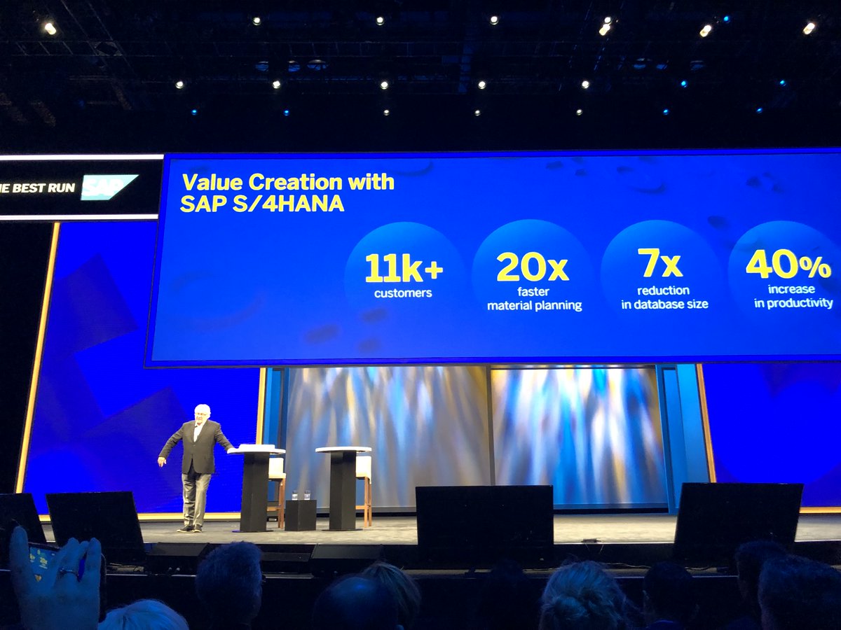 JuerMueller's tweet photo. Great way to start day 2 at #SAPPHIRENOW #ASUG2019. Hasso Plattner on stage talking about SAP HANA. @SAPInMemory https://t.co/0IhIrHpBkM