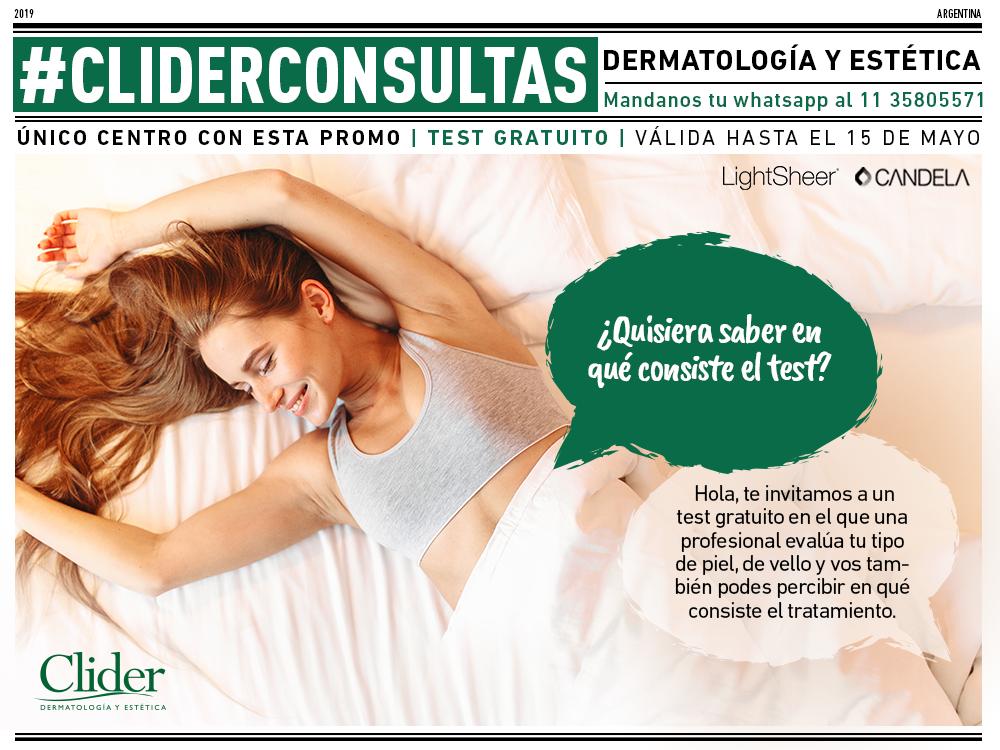#CLIDERCONSULTAS!
¿En qué consiste el test?
¡El test evalúa tu tipo de piel, vello y cómo se adecua de la mejor forma el tratamiento a vos! Además podés ver en que cosiste!
Hacé tu consulta estética sin cargo
→ clider.com.ar 📲 0810 444 CLIDER (2543)