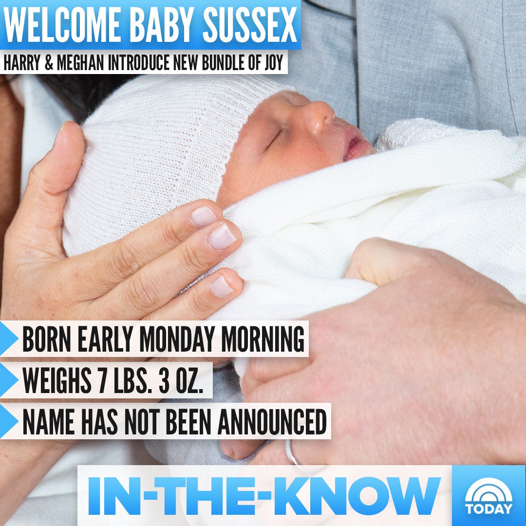 TODAYGraphics's tweet image. Royal reveal: The Duke and Duchess of Sussex introduce "Baby Sussex" to the world in their first appearance as a family since his birth Monday.