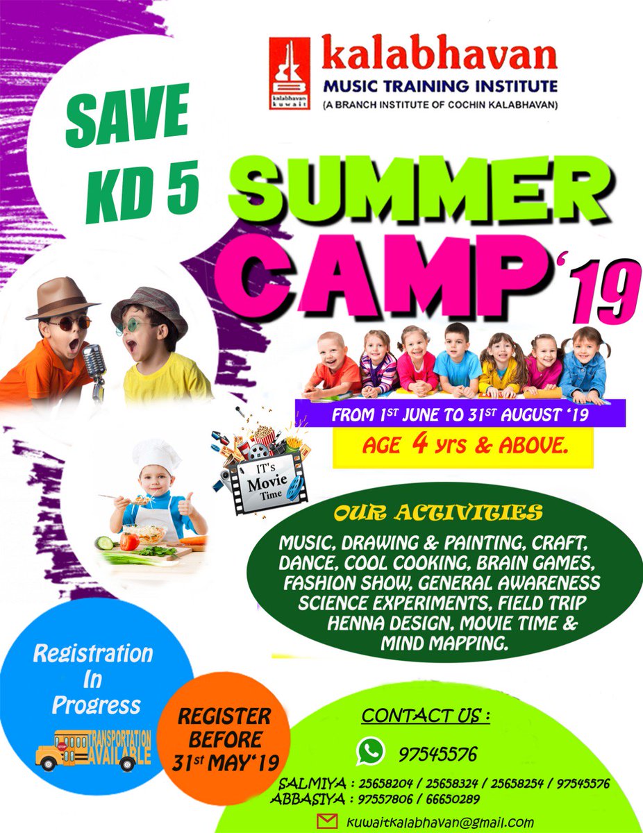 KalabhvanKuwait's tweet photo. Kalabhavan Summer Camp’19 from 1st June to 31st August ’19 for 4 yrs and above, where children will enjoy and learn through Music, Drawing &amp; Painting, Craft, Dance, Cool Cooking, and many more activities. Registration in progress. Register before 31st May and get KD5 discount. https://t.co/6DagI64oWb