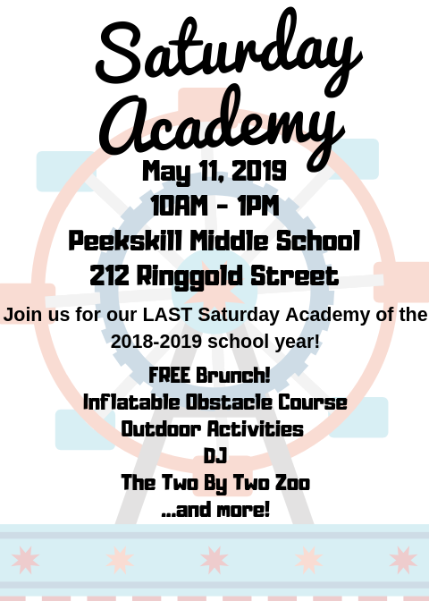 PeekskillCSD's tweet photo. Our Final Saturday Academy of the school year is 5/11 at 10AM at PKMS! Join us for a free Mother's Day brunch and celebrate with the special women in your life. There will also be outdoor activities, workshops and more! #PeekskillTogether https://t.co/FavmlHUu6X