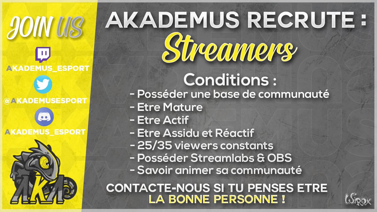 AkademusEsport's tweet photo. Bonjour à tous ! 👋

Nous ré-ouvrons nos recrutements de streamers pour notre Web TV ! 📺

👉 Tu penses répondre aux critères inscrits sur notre affiche ci-dessous ? Tu aimes animer un live ? Alors n'hésite pas et postule juste ici : 

https://t.co/wi8n8NSpBO 💪

#AKAFMLY https://t.co/NpJqC8c8VC