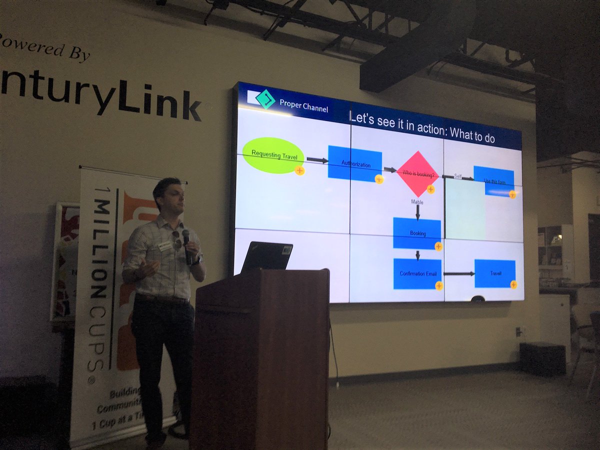 1MillionCupsNPL's tweet photo. .@wmccluskey says that you or your #business can spend $1000s on #CustomSoftware or use @properchannel for 30 seconds to get the #ExpertKnowledge you're seeking. #ProperChannel is looking for 10 organizations or #SmallBusinesses with 30 or > employees to share data &amp; #SaveTime. https://t.co/uPYLJunQDO