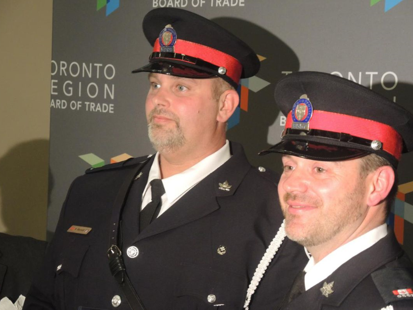 TPS11Div's tweet photo. PC Josh McSweeney &amp; Ryan Barnet won police officer of the year award for rescuing stranded men in an elevator last August.  Congrats gentlemen!!  @TPSChrisBoddy @TorontoPolice @jtriangle @cityoftoronto https://t.co/hLMlHVE1fj