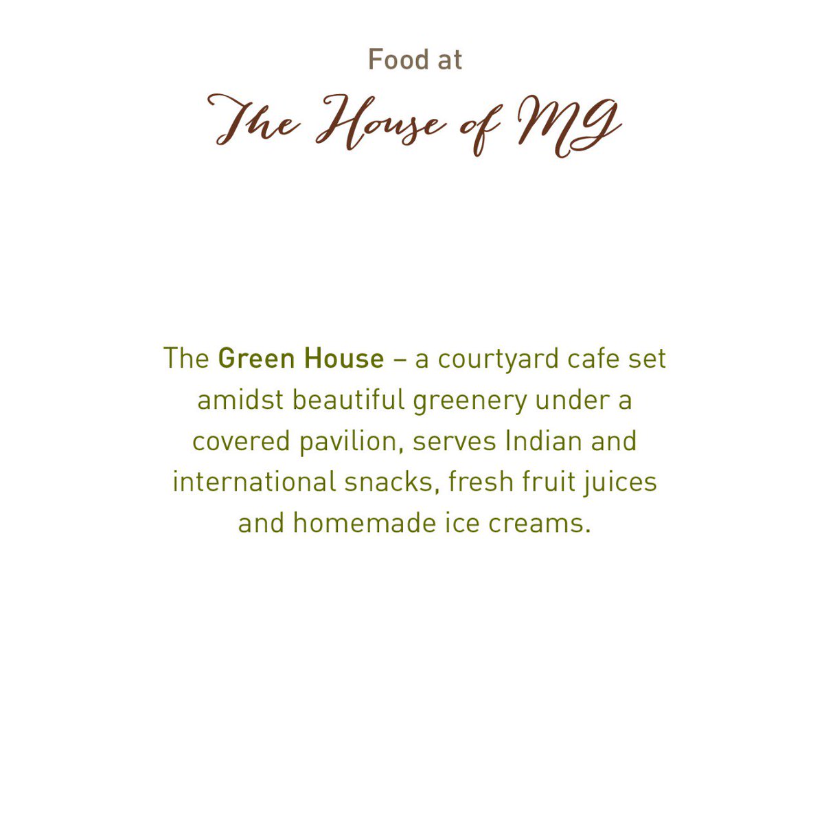 houseofmg's tweet photo. The Green House – a courtyard cafe set amidst beautiful greenery under a covered pavilion, serves Indian and international snacks, fresh fruit juices and homemade ice creams. The House of MG eateries have become a mandatory stop for anyone visiting Ahmedabad. https://t.co/kGchuvyGOS