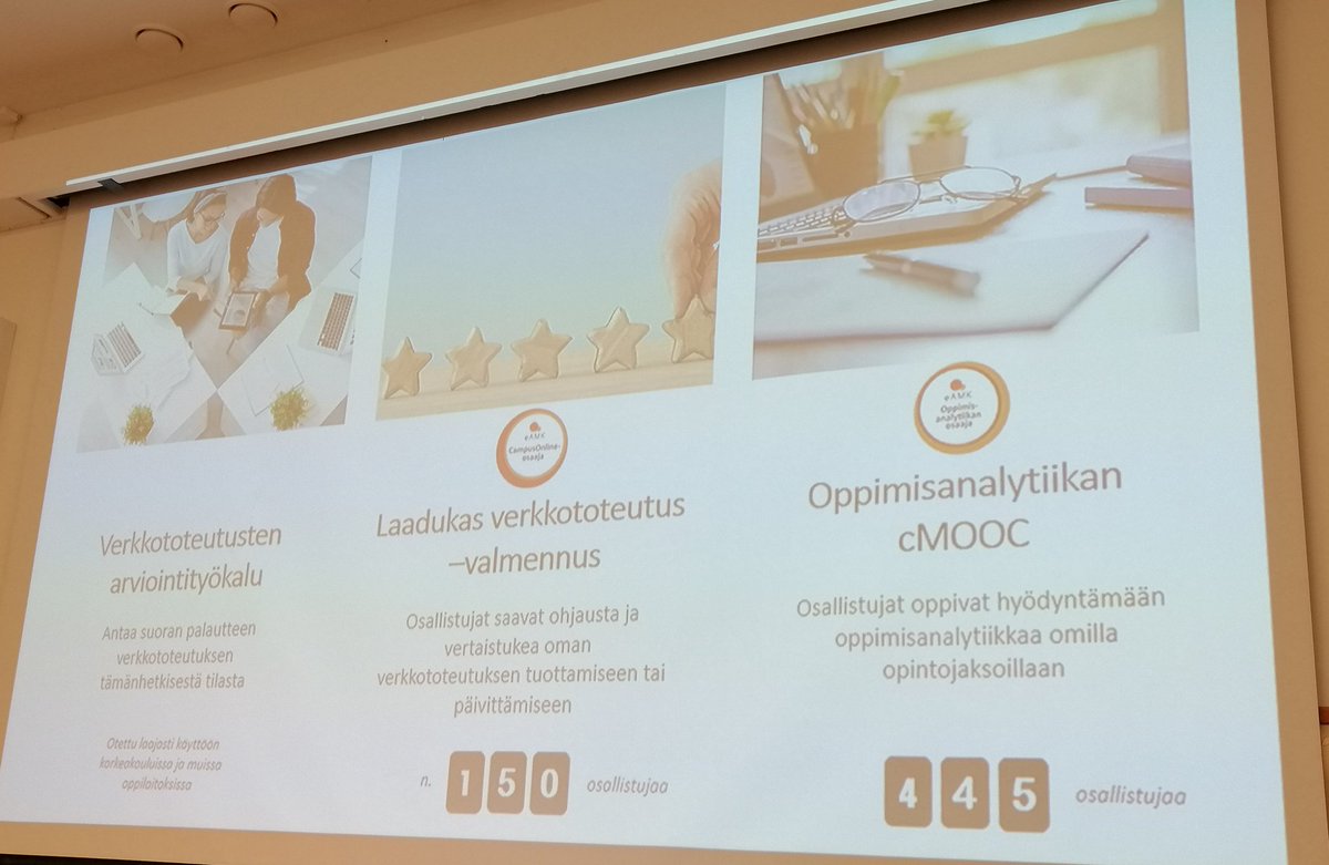 eamkhanke's tweet photo. @jkullaslahti avaa muutamia #eAMK'n tuloksia, mm. #digipedavalmennus, verkkototeutusten #laatukriteerit ja #oppimisanalytiikka #cMOOC. Näistä löytyy lisätietoa myös meidän verkkosivuilta.🤗 #amkpäivät #YlpeästiAMK #Vaikutu https://t.co/KGBmD6sdze