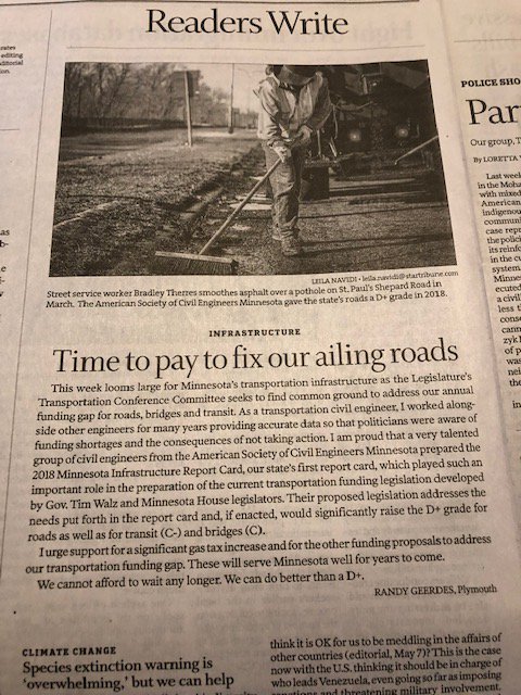 ASCEMN's tweet photo. Spotlight on one of our members and Past President Randy Geerdes of @SRFConsulting. Thank you for your advocacy of #infrastructure in the @StarTribune! https://t.co/xKE90cgqey