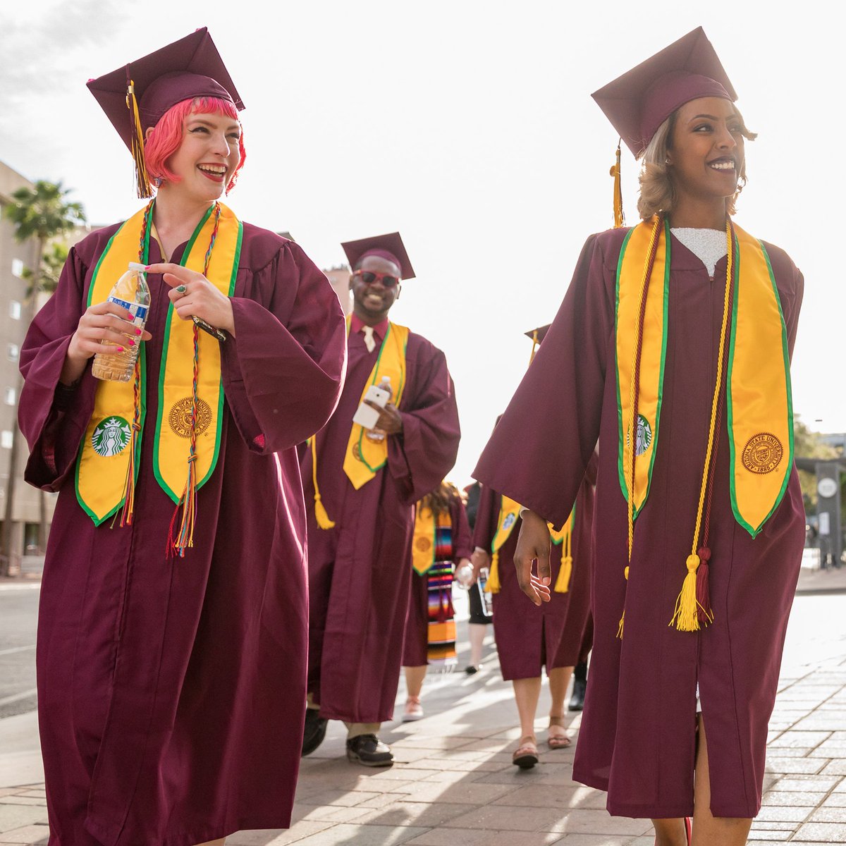 Starbucks's tweet photo. Thanks to you, over 500 Starbucks partners (employees) graduated from @ASUOnline this week with 100% tuition coverage through the Starbucks College Achievement Plan. Congratulations, partners! 🎓 
 
To learn more about the program visit https://t.co/wc2Pcs7gRe. https://t.co/2QZm2wl3Qg