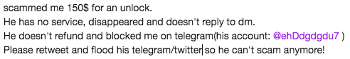 #scam #unlock <a href="/UnlockNewHouse/">Say no to scams</a> <a href="/ww_unlocks/">“Worldwide UnIocks”©</a> <a href="/iCloudScamGuard/">iCloud Scam Support</a> @iScamProtection <a href="/Scammer_exposed/">We Expose Scammers</a> <a href="/ScammerRevolts/">ScammerRevolts</a> <a href="/eScamAdvisor/">SCAM ADVISOR®</a> <a href="/CloudCrackers/">CloudCrackers</a> <a href="/junaid_bugdadi/">Mj Unlock</a> <a href="/dhanzfarro/">indoKIT</a> <a href="/Rendang_Apple/">Gio</a> <a href="/ww_unlocks/">“Worldwide UnIocks”©</a> 
SCAMMER ALERT!!!! 👉🏼 🚨🚨<a href="/WHITEBEARD____/">Whitebeard</a>   scammed me 150$
his telegram: @ehDdgdgdu
