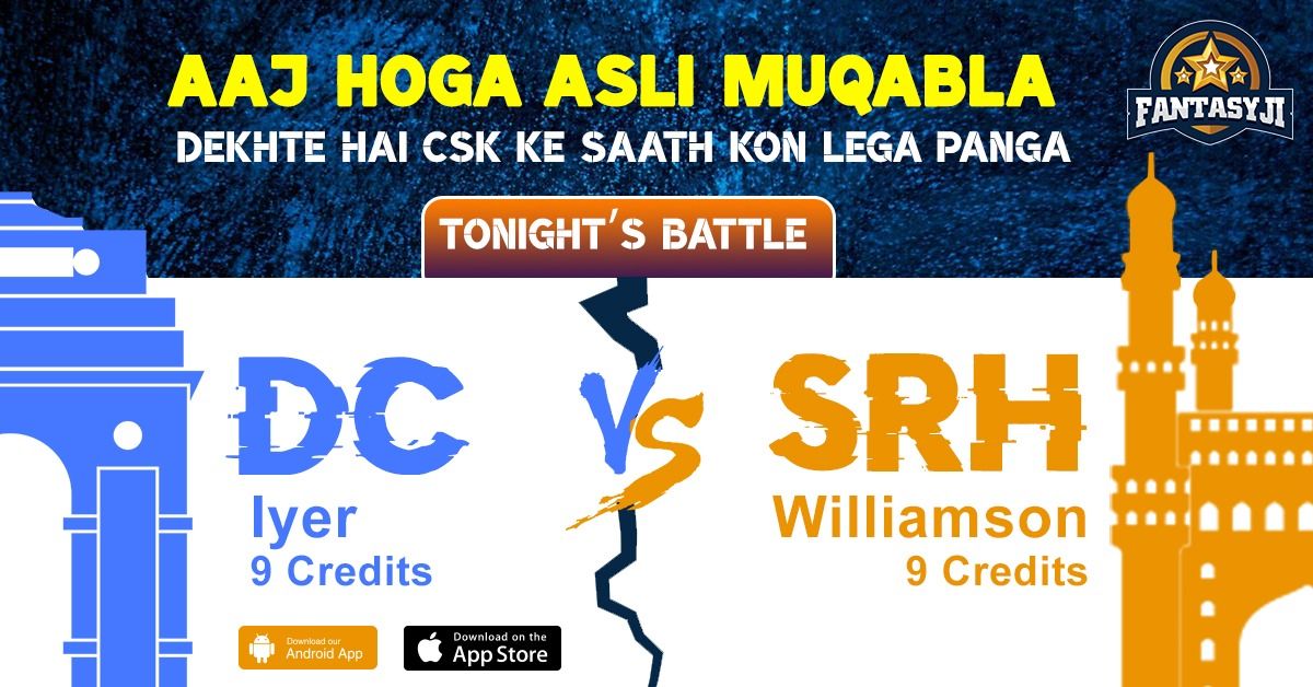 FantasyJi_'s tweet photo. Tonight’s going to be a war between the DC and SRH to reach the semi-final and battle with the Super Kings. Which team are you cheering for? Take the best players and create your own team. Download the app from https://t.co/YREj66ofu4. 
#KheloJi with #FantasyJi https://t.co/vwzs5WElrI