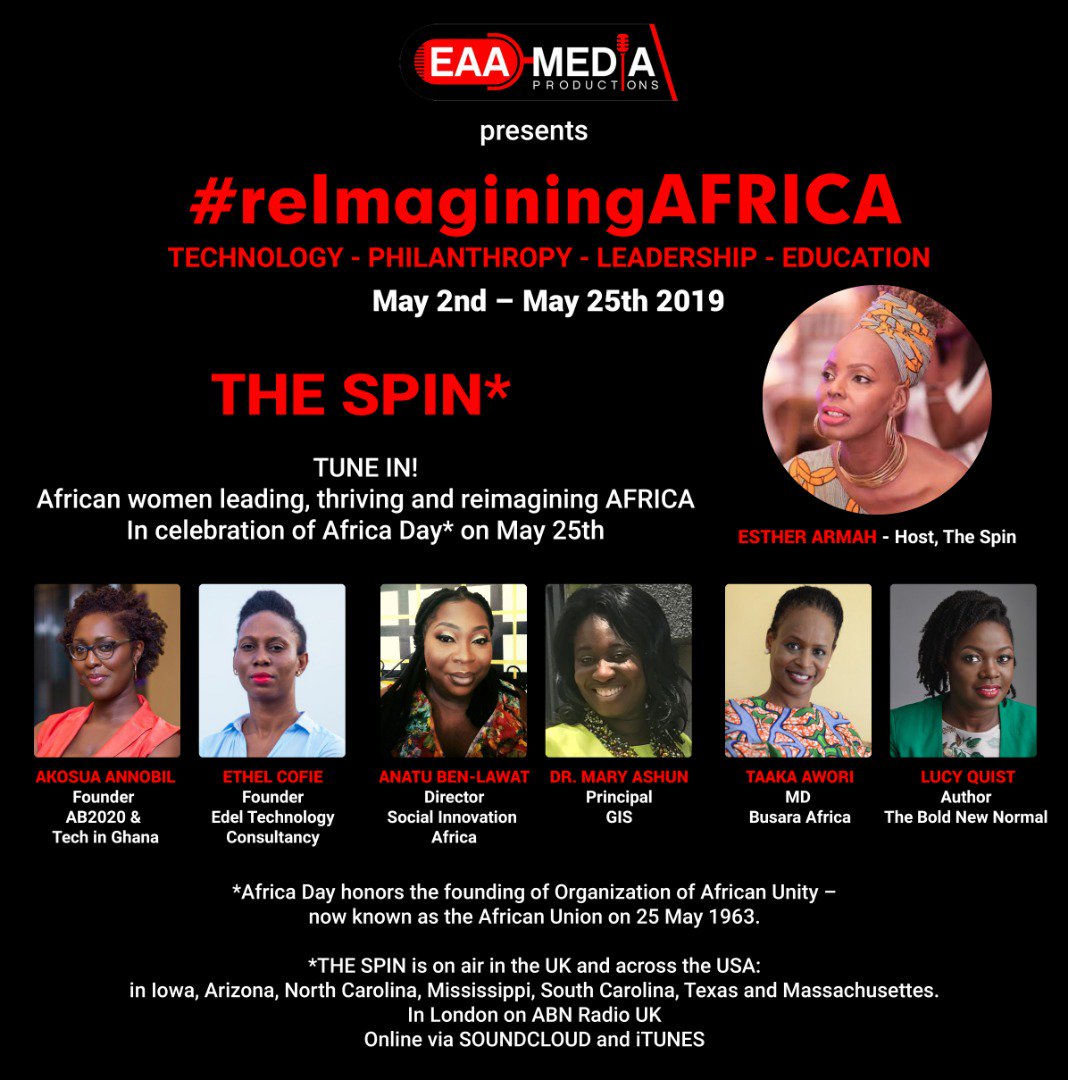 The spin is @estherarmah's podcast and radio show.We are on-air globally.Wed @ 7pm London's afropolitan station @abnradiouk comes alive with #TheSpin dynamic discussions.May is reImaginingAFRICA w/ @ethelcofie @LucyQuist @TaakaAwori @AkosuaAnnobil @BeeLawal3 @AshunDr