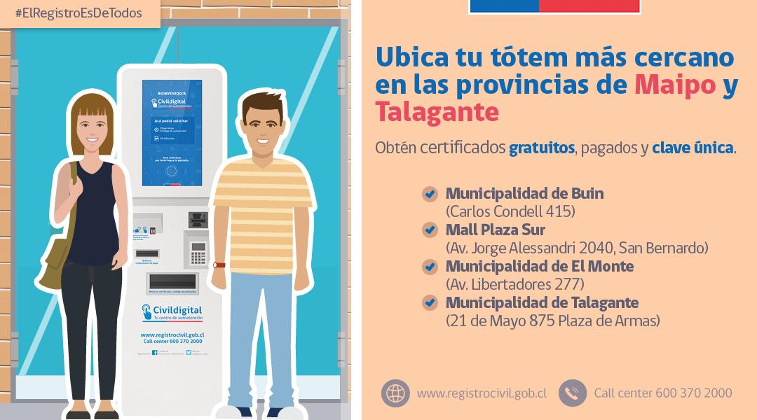 RegCivil_RM's tweet photo. #FelizMitadSemana Ofis metrop @RegCivil_Chile con atención normal. Más de 45 Civildigital para obtener diversos certificados y clave única #ElRegistroEsDeTodos En provincias @Gobernaciomaipo @GoberTalagante @IntendenciaRM contamos con tótem en #Buin #SnBdo #ElMonte #Talagante https://t.co/kVjlig07zh