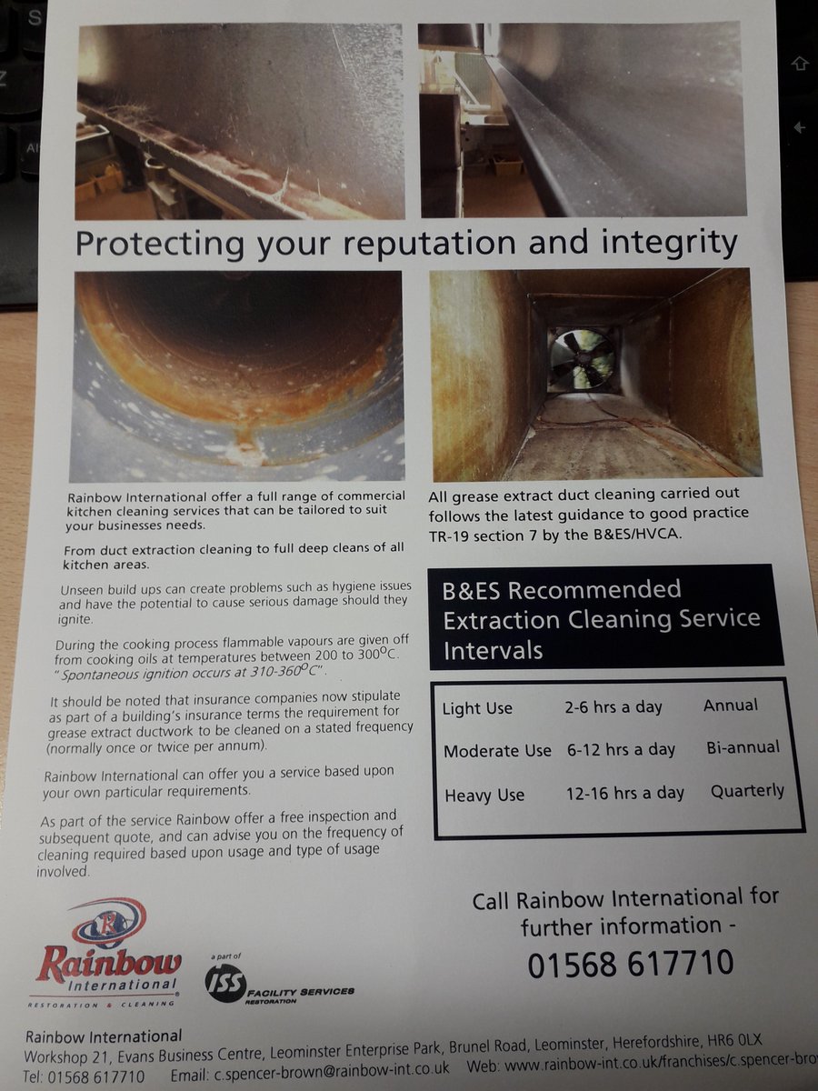 Don't forget we also do kitchen extraction cleans, So why not get it ready for the busy summer trade, If you would like a quote or ask any question please call us now on 01568 617710 #rainbowinternational #FireSafety #Chefs #restaurantnews