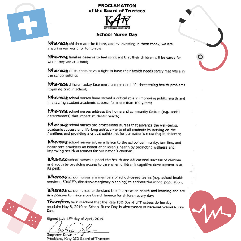 katyisd's tweet photo. Today is #SchoolNurseDay! Each nurse in our district plays a critical role in the health and safety of our students everyday. Read the official proclamation from the Board and thank a nurse today! #KatyISD #CreatingTheFuture https://t.co/DSnOkLslwS