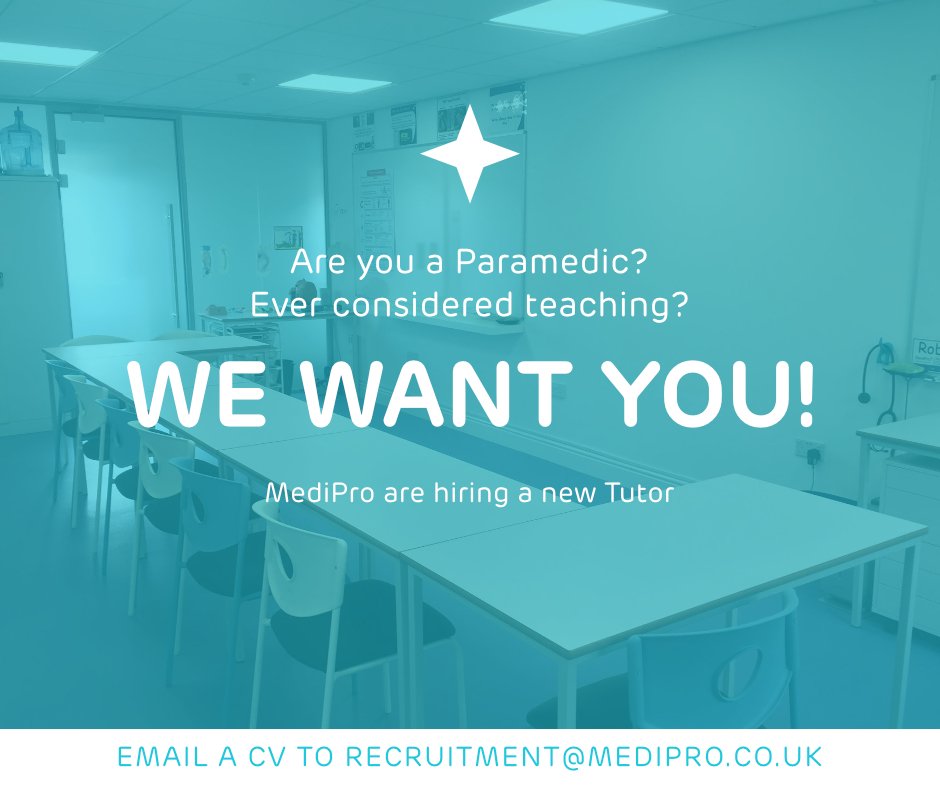 mediprolimited's tweet photo. We are looking for a new Tutor to join our team.

If you're a post-registration #Paramedic with 3 years experience, you could be earning £35,000 - £40,000 a year. We will also provide any teacher training.

If you're interested, send a CV to recruitment@medipro.co.uk
#MediProUK https://t.co/bCgpH9KYf3