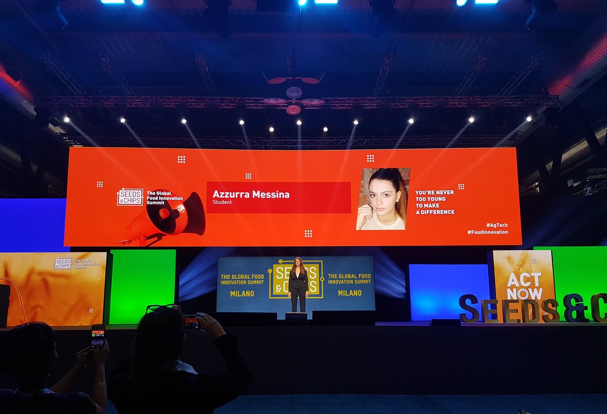 SEEDSandCHIPS's tweet photo. Azzura Messina is the Teenovayor introducing us to ways to eat better without harming environment nor animals.
In the #FutureHall we are going to talk about changing the way we eat through High-tech solutions.
#SaC19 #SeedsAndChips #FoodTech #FoodInnovation https://t.co/5pGTCOIMQ0