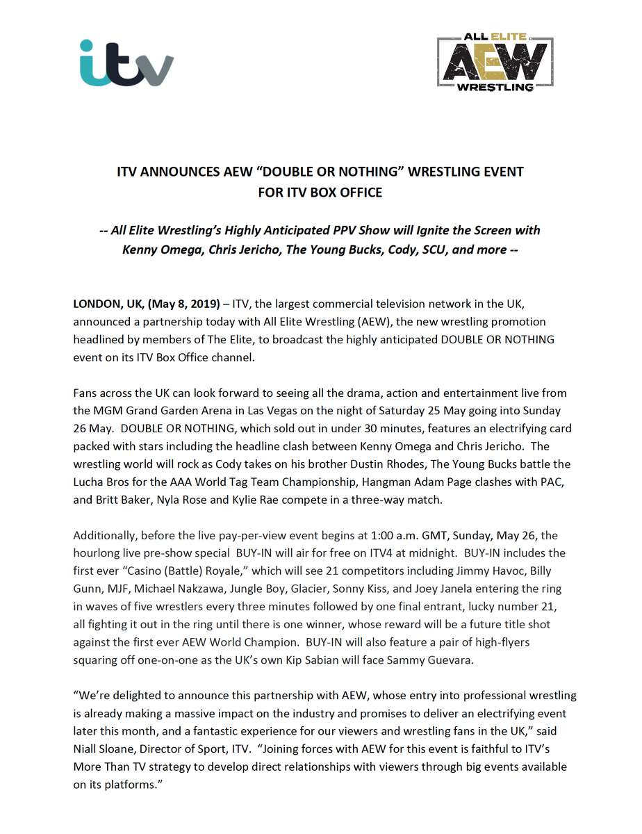 AEW's tweet photo. Breaking News for #AEW's U.K. Fans - @AEWrestling's #DoubleOrNothing Pay Per View to be carried LIVE on @ITVBoxOffice
@ITV https://t.co/bR4iXtRRi7