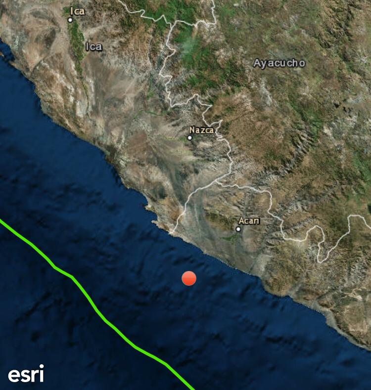 EarthQuakesTime's tweet photo. Mag: 5.8 Mww May-07-2019 a las 13:47 UTC en COSTA DE ICA-AREQUIPA, PERÚ 🇵🇪 a 10 km de profundidad

🕐 08:47 hora peruana.
🔹 IGP: 5.6 Mw a 17 km de prof.
Ⓜ️ Percepción Mercalli:

#Lomas: IV
#Chala: III-IV
#Acari: III-IV
#Marcona: III-IV
#Nazca: III

Info: https://t.co/eexYjDjeUX https://t.co/JKQJIcYcvq
