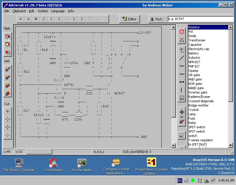 AACircuit, ASCII-based electronic circuit designer for Windows(R) running on #The_Virtue_L_Computer