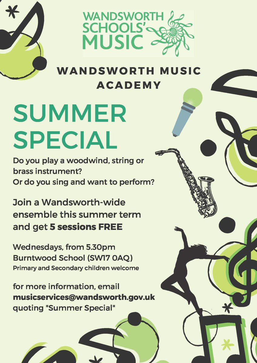 Anyone fancy a freebie! ⁦@MusicWandsworth⁩ giving away 5 FREE taster sessions ⁦@BurntwoodSchool⁩ WMA for any new children who want to try out our Wednesdays. #Singing , #dancing , #playaninstrument!