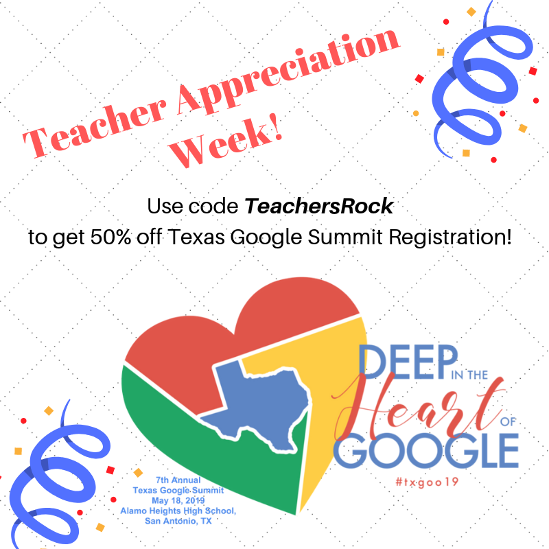 Techs4Tex's tweet photo. Teachers, we appreciate you! To show our appreciation we are giving you 50% off your registration to the Texas Google Summit! #TxGoo19 @pfisd @taylorducks @HuttoISD @TechieHippo @iTeachManor @AustinISD @GeorgetownISD @LeanderISD @DelValleISD @RoundRockISD @ThrallSecondary https://t.co/6rEYXUelmG
