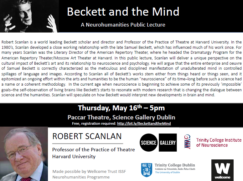tcdalumni's tweet photo. Robert Scanlan is a world leading Beckett scholar, director and Professor of the Practice of Theatre at @Harvard University. His talk 'Beckett and the Mind' will take place in @SciGalleryDub on Thursday May 16 at 5pm. Free Tickets: https://t.co/oUO3VOmTio #OpenToAlumni #OpenToAll https://t.co/K4dpigcgK4