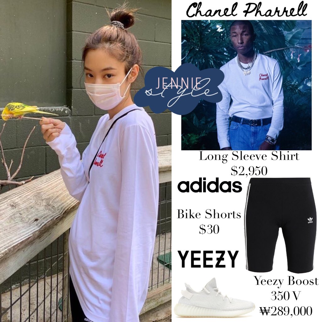 X 上的Jennie Style：「jennierubyjane IG Update 190508 Chanel Pharrell Long  Sleeve Shirt $2,950, Adidas Bike Shorts $30 & Yeezy Boost 350 V  ₩289,000 #jennie #jenniekim #blackpink #blackpinkfashion #blackpinkstyle  #jenniefashion #jenniestyle #chanel