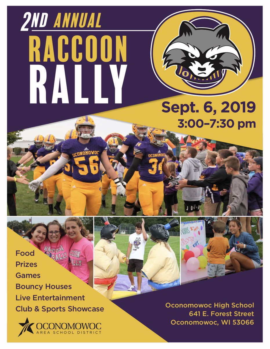 Ocon_StuCo's tweet photo. Raccoon Rally is happening AGAIN this year and we could not be more excited!!! Save the date of September 6, 2019, to make sure that you can come out for some fun and then stay to support the football team and youth afterward!! https://t.co/wxjt2aqBOU
