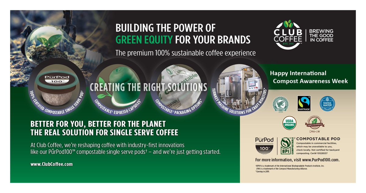 ClubcoffeeLP's tweet photo. Happy International Compost Awareness Week

From our PurPod100 compostable single serve coffee pod to our new and exciting compostable packaging innovations, we are developing real solutions to single serve plastic waste. 

#ICAW2019 #Compostawareness #coffee #ICAW https://t.co/O7HzZSxmQj
