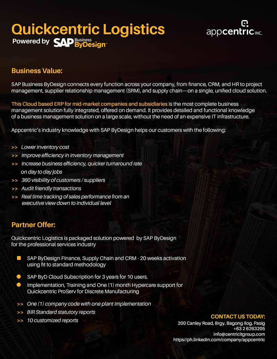 AppcentricPH's tweet image. Quickcentric Starter Package for logistics powered by SAP ByDesign.
In today’s competitive market, companies are embarking on the strengths of dynamic and innovative technologies. Visit our link to know more:
appcentric.ph/2019/05/08/qui… #SAP #SAPByD