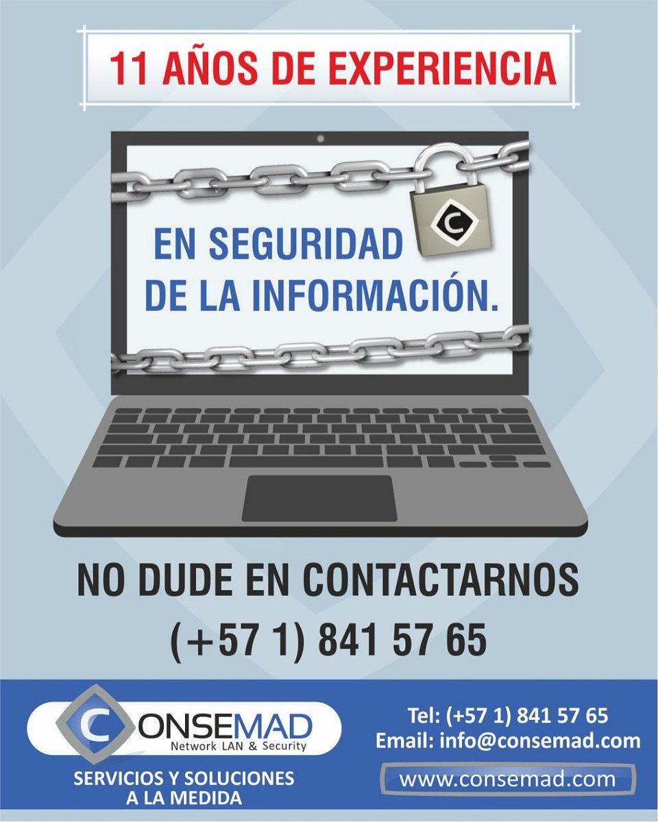 Contamos con 11 años de experiencia en seguridad de la información. 
Confíe en nosotros. 
consemad.com
Contáctenos al: (+57 1) 841 57 65 .
.
.
#experiencias #cotizaciongratis #techno #Informacion