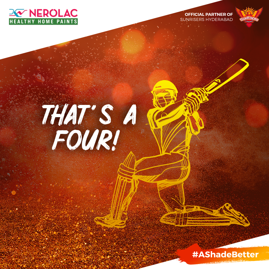 Nerolac_Paints's tweet photo. That’s a four! SRH is nailing the game with a performance that’s #AShadeBetter. Now you can get home décor that’s #AShadeBetter too. Visit https://t.co/e1VCEUiykb @SunRisers @IPL #SRHvsDC #IPL2019 #IPL #SRH https://t.co/3RvgAossMS