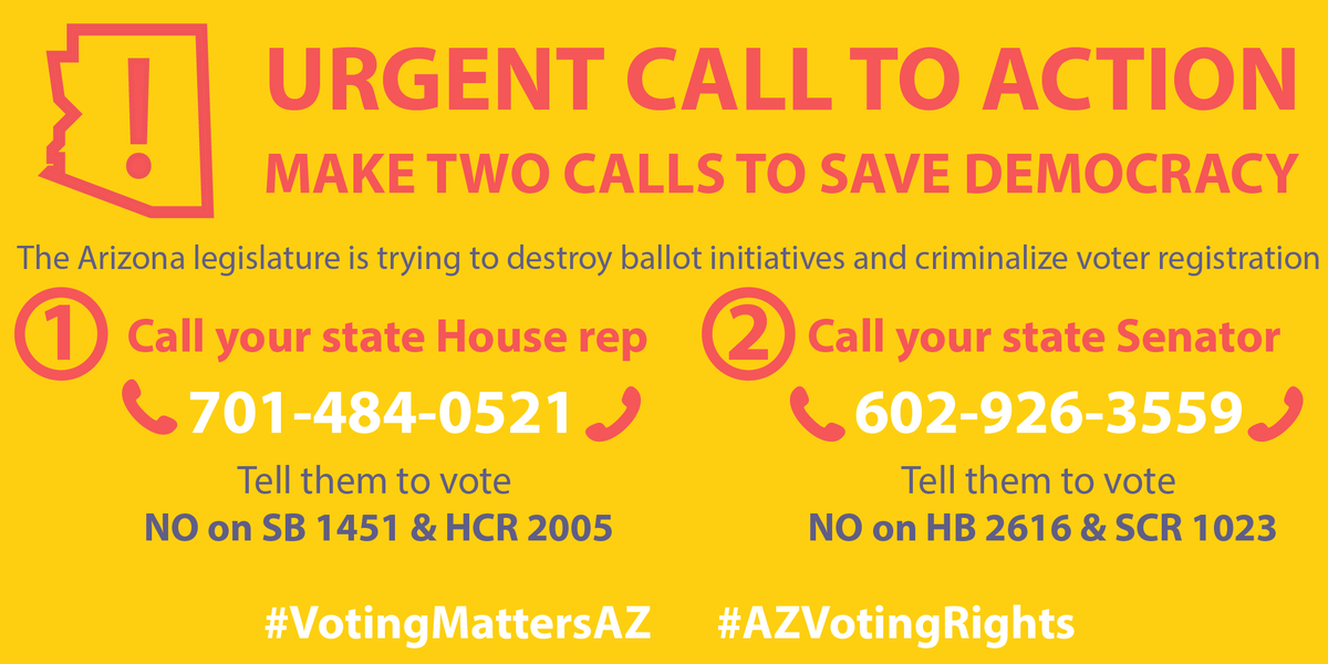 IndivisibleTeam's tweet photo. 🚨URGENT🚨The #AZleg is trying to jam through a flurry of bills to undermine ballot initiatives and voter registration. Make TWO calls TODAY:
1️⃣Call your House rep to vote NO on #SB1451 & #HCR2005 701-484-0521
2⃣Call your Senator to vote NO on #HB2616 & #SCR1023 602-926-3559 https://t.co/G1wmw52zlR