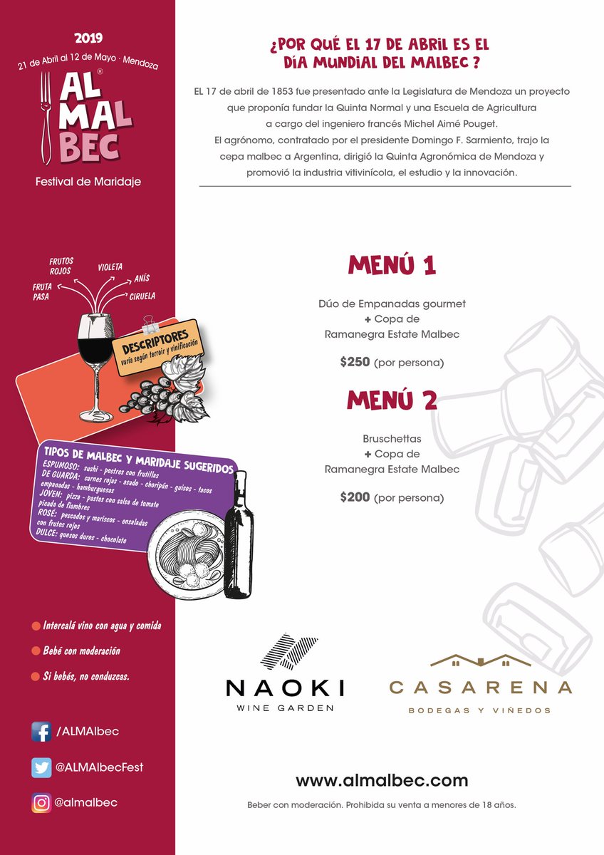ALMAlbecFest's tweet photo. Menú #ALMAlbec de @FuenteyFonda junto a @BodegasBianchi 🍷🍴
Reservá a través de https://t.co/Wqjwpeq0Is … o desde la app de @GuiaMendozaGour
#TeInvitamosALMAlbec #MalbecWorldDay https://t.co/obt4vJwAgj