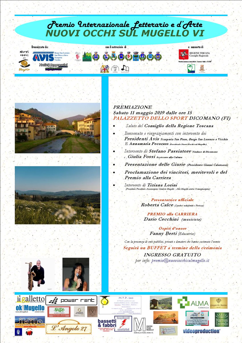 ComuneDicomano's tweet photo. Si svolgerà Sabato 11 maggio dalle ore 15.00 al Palazzetto dello Sport di Dicomano, la cerimonia di premiazione della VI edizione del Premio Internazionale Letterario e d’Arte Nuovi Occhi sul Mugello.

Programma completo: https://t.co/mwotsNBC2m https://t.co/UXmjYtXkH9