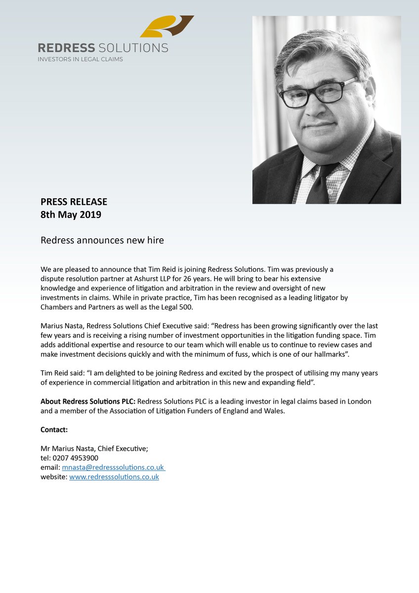 redresssolution's tweet image. We’re delighted to announce that Tim Reid is joining the Redress team in London. @ChambersGuides described him as "a guy you can go to when you need to win a fight... fantastic, immensely hard working and thorough". He is "utterly unflappable, calm and insightful",@thelegal500.