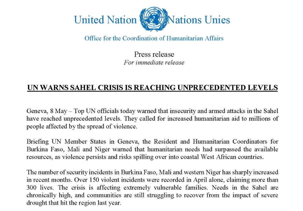 #PressRelease📰: 

<a href="/UN/">United Nations</a> warns #Sahel crisis is reaching unprecedented levels 

➡️ bit.ly/2JpMXWV

#Mali
#Niger
#BurkinaFaso
#LiptakoGourma