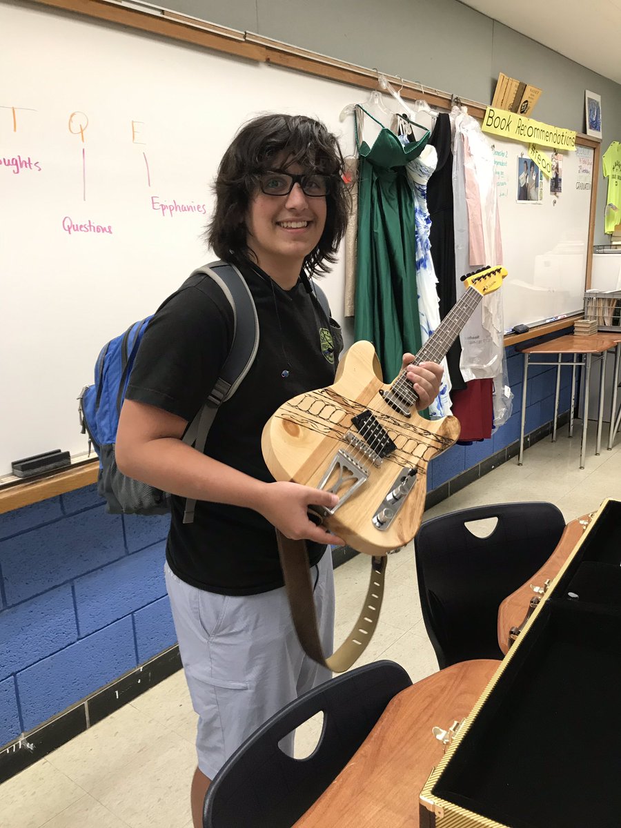 CodSmith13's tweet photo. Ethan showing off the guitar he made in Woodshop w/ Mr. Hoyt #nauset #guitarbuilding #coolclasses https://t.co/fmHGEM1j7X