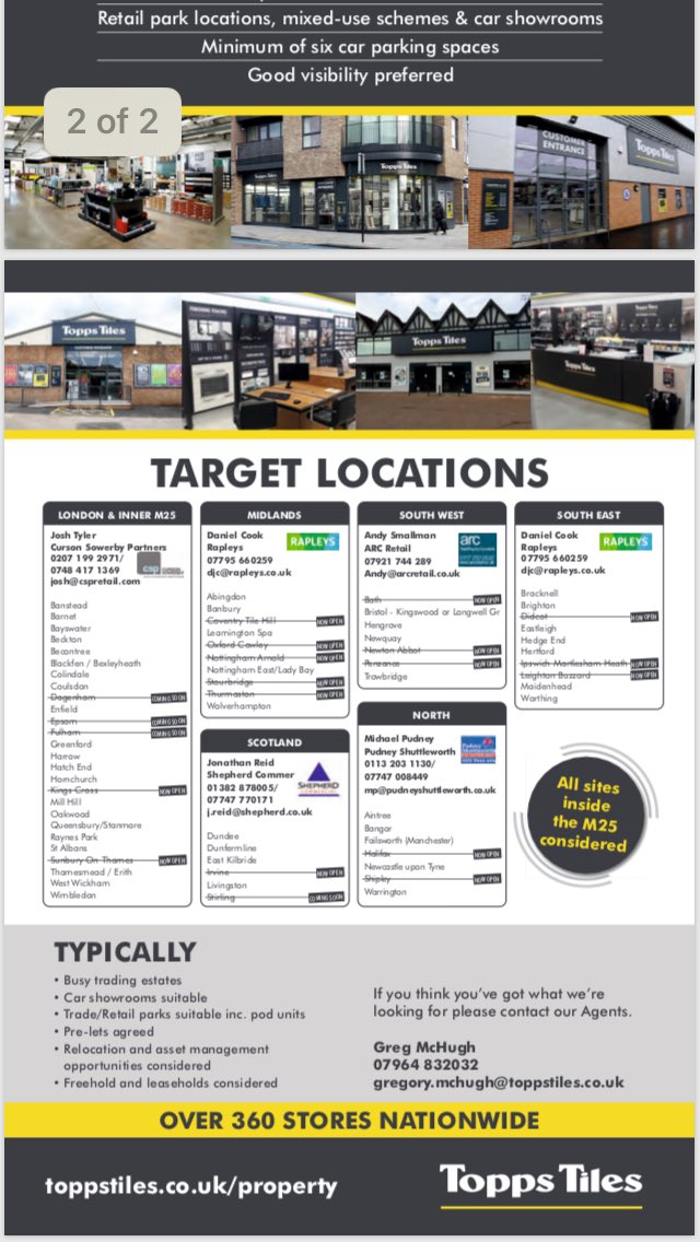 Our Partner Jonathan Reid, acting on behalf of our retained clients <a href="/toppstiles/">Topps Tiles</a> is currently seeking suitable locations throughout Scotland. Please see below and contact j.reid@shepherd.co.uk or telephone 01382 878005/07747770171